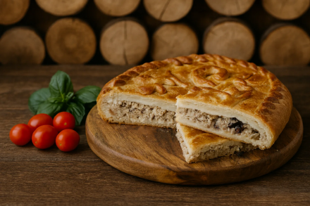 Пирог с говядиной, картофелем, луком и зеленью